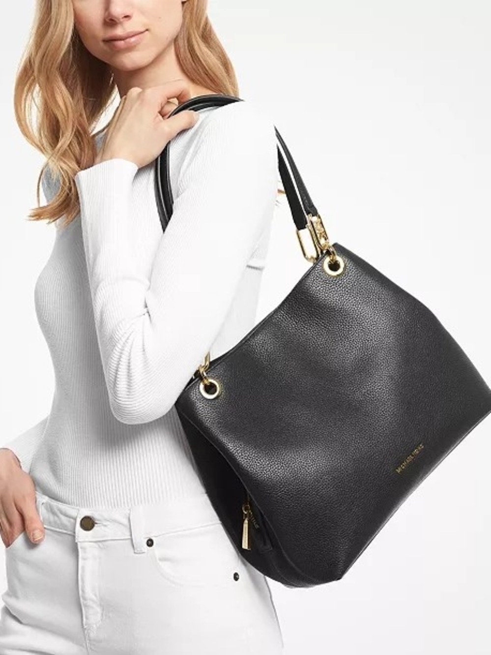 Michael Kors Black Pebbled Leather Shoulder Bag with Gold Hardware